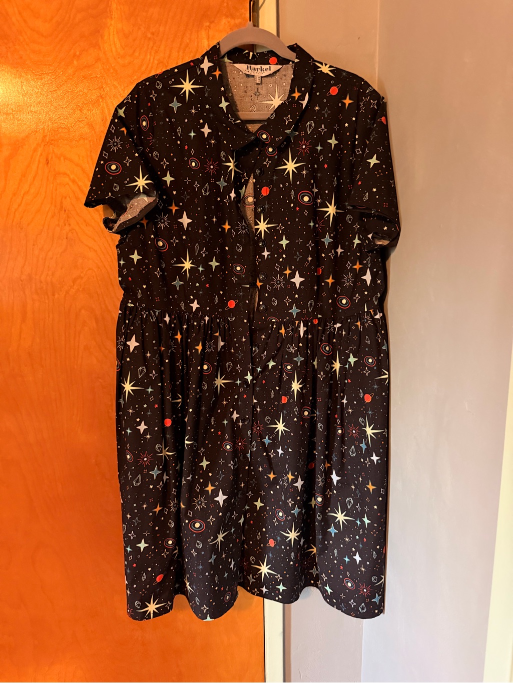Harkel Black Dress With Multicolor Star & Planet Print In Vintage Shirtwaist Cut